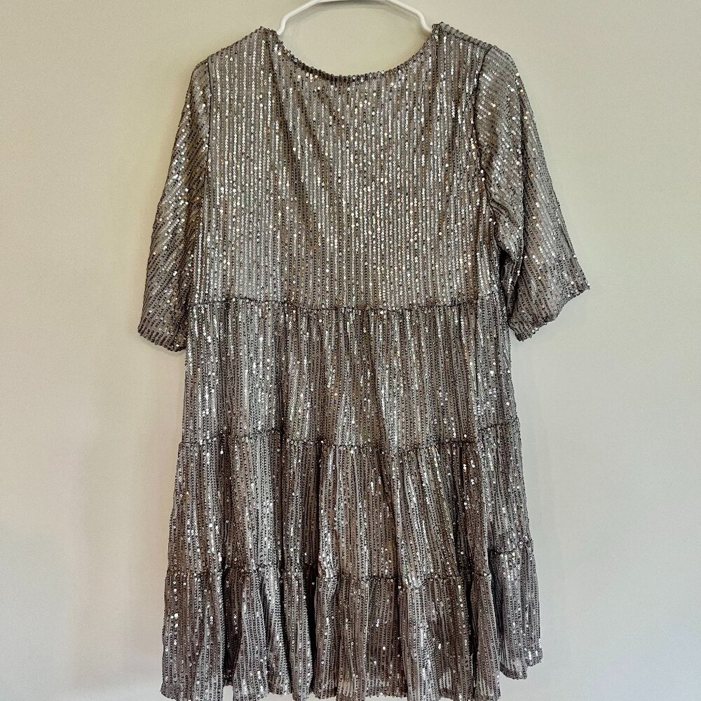 Silver Sequin Babydoll Mini Dress,Sparkly Glitter Flowy Short Tiered Tunic Dress - Picture 3 of 5